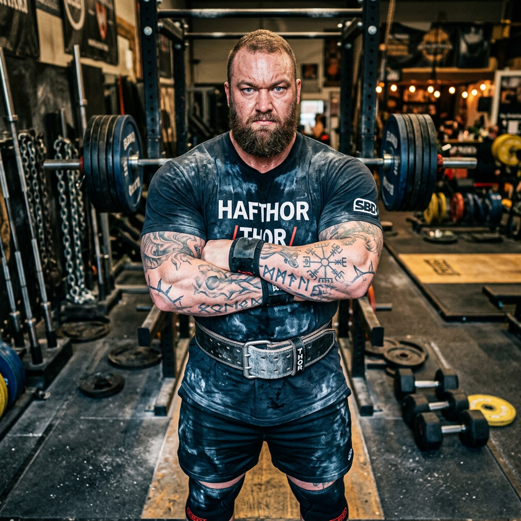 Strongman with tattoos and lifting belt standing in a gym with a heavily loaded barbell on a squat rack