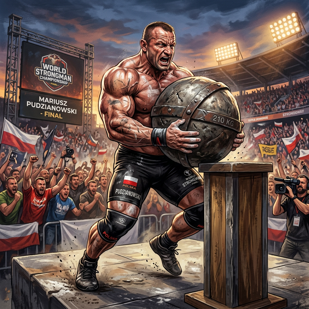 Mariusz Pudzianowski lifting a 210 kg stone in a strongman competition with cheering crowd