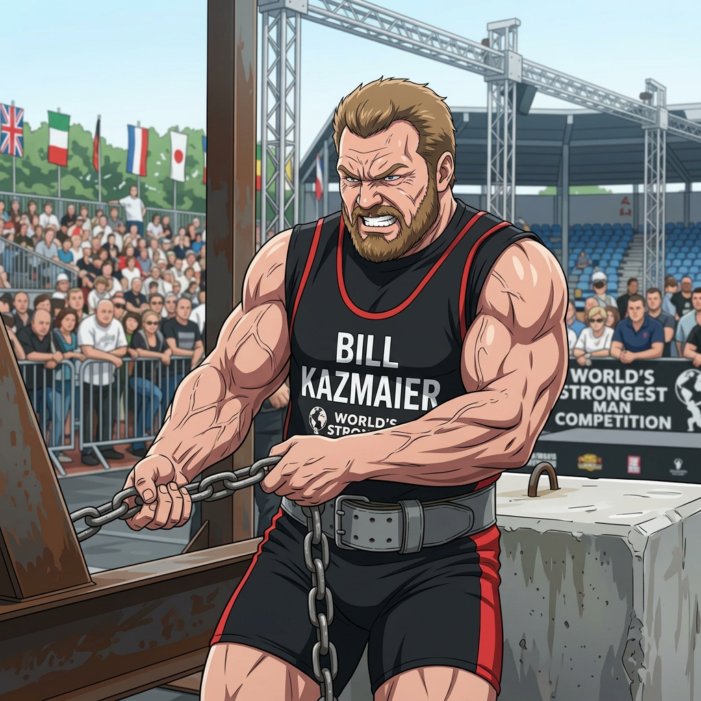 Strong muscular man in KAZ singlet pulling heavy chains at fitness competition