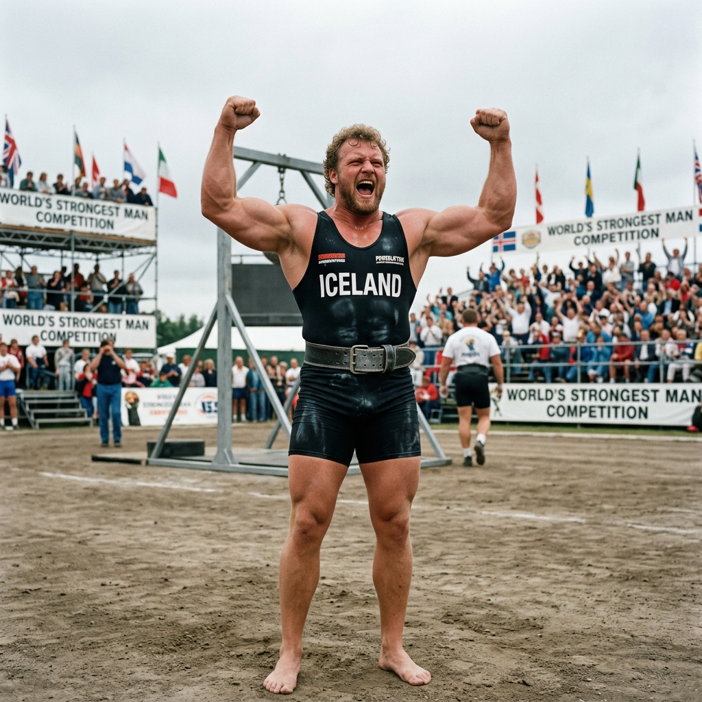 Muscular athlete from Iceland raising arms in celebration at World's Strongest Man event