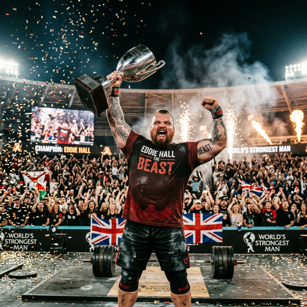 Eddie Hall holding up a trophy celebrating World's Strongest Man victory with cheering crowd and confetti