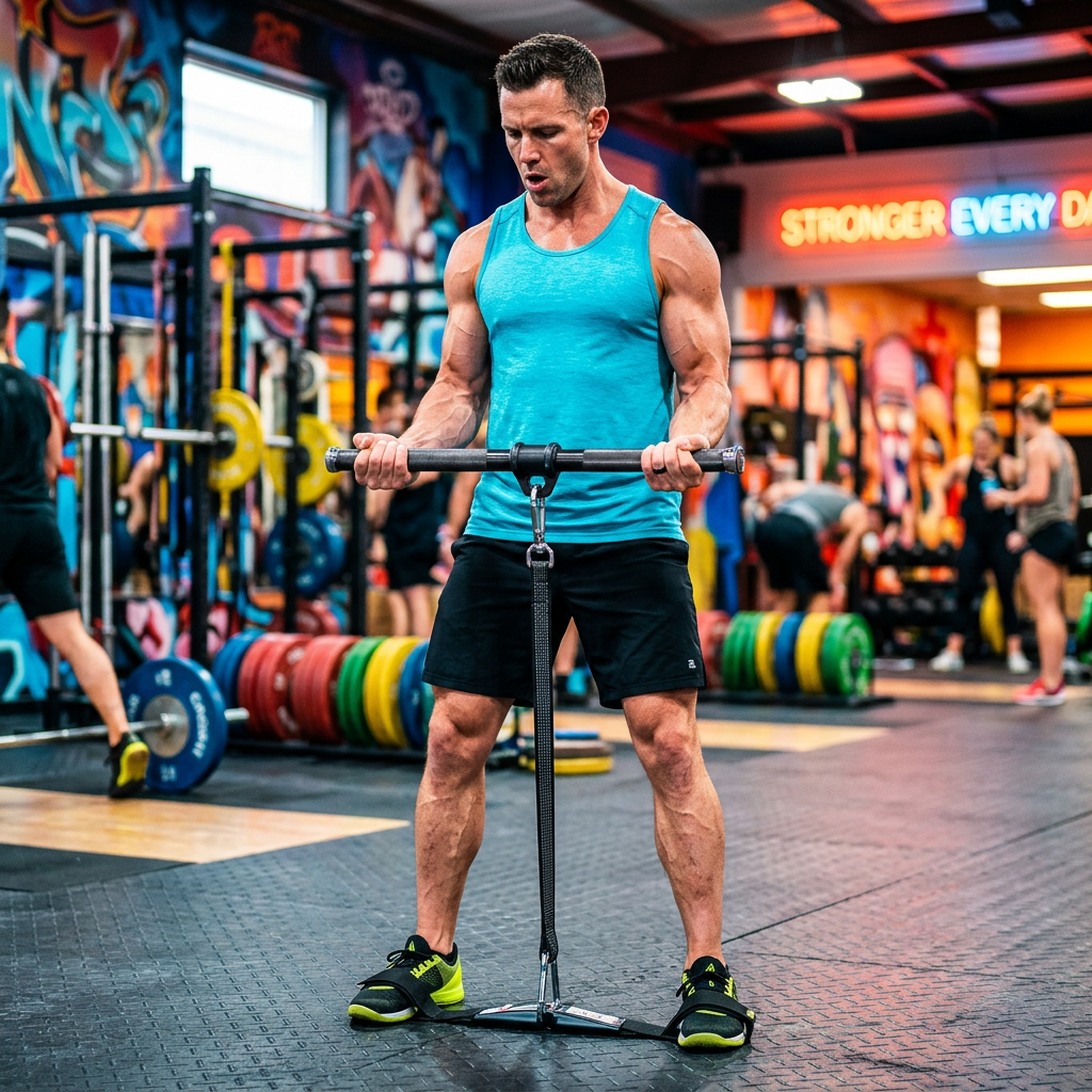 Man standing in gym using wrist roller exercise equipment