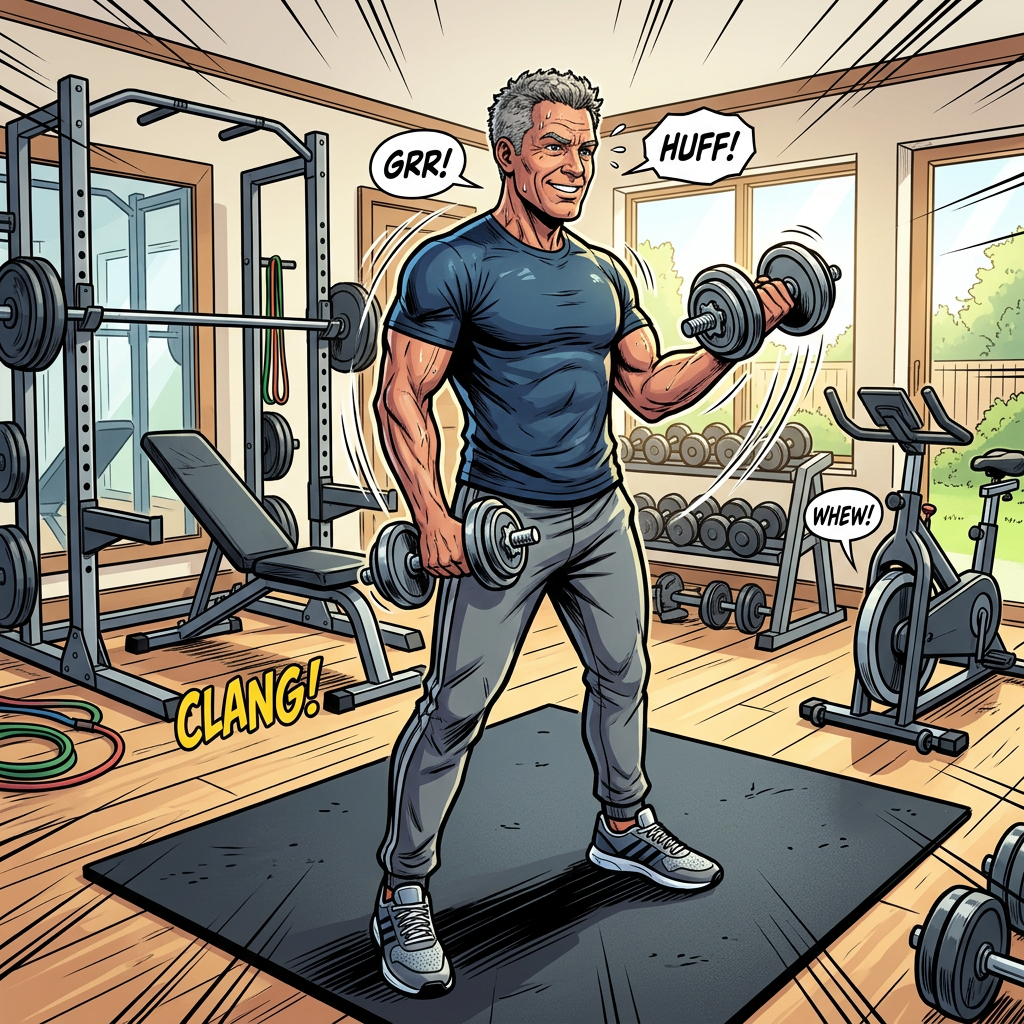 Man curls dumbbells in home gym; “GRR!”, “HUFF!”, “WHEW!”, and “CLANG!”