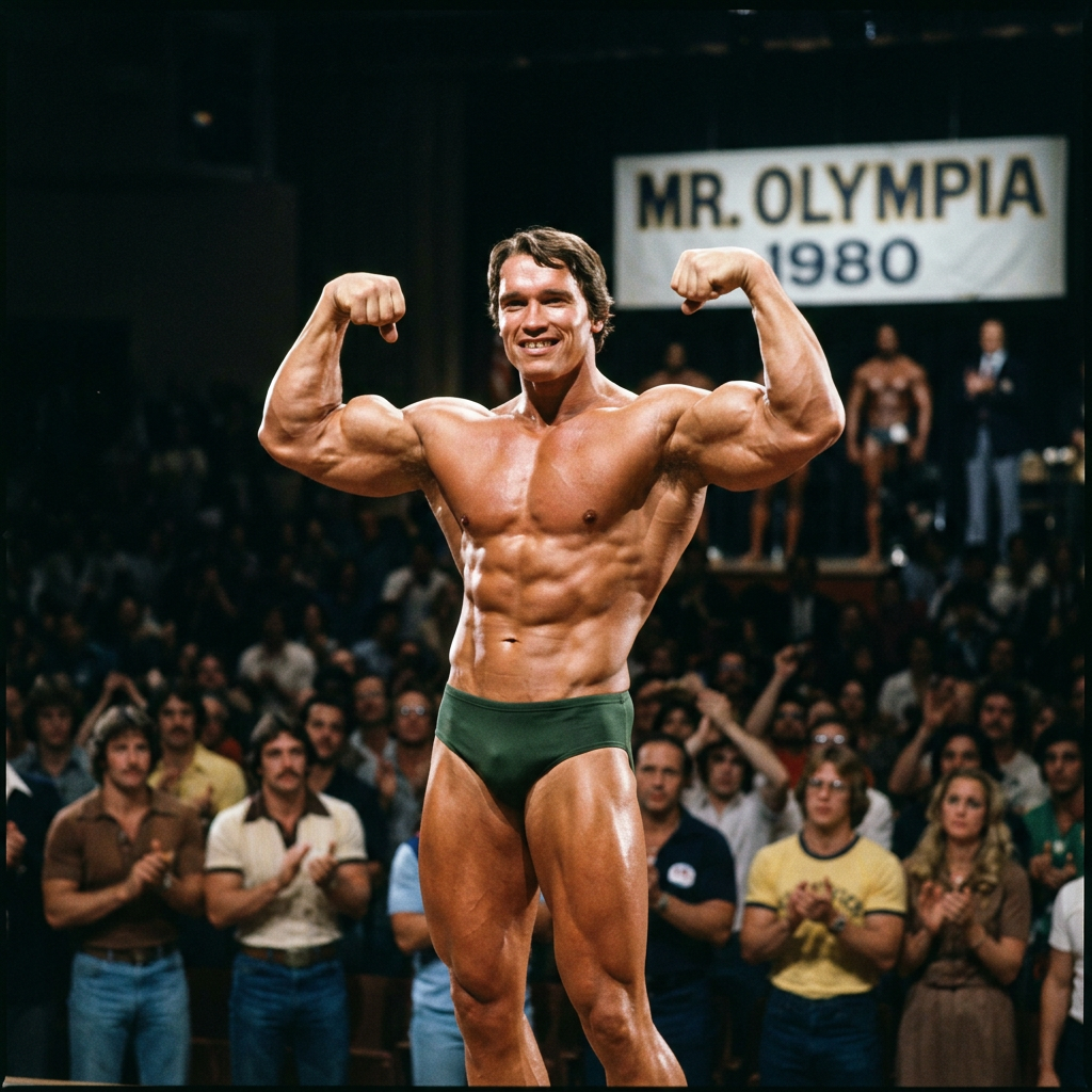 Bodybuilder flexing onstage beneath a Mr. Olympia 1980 sign