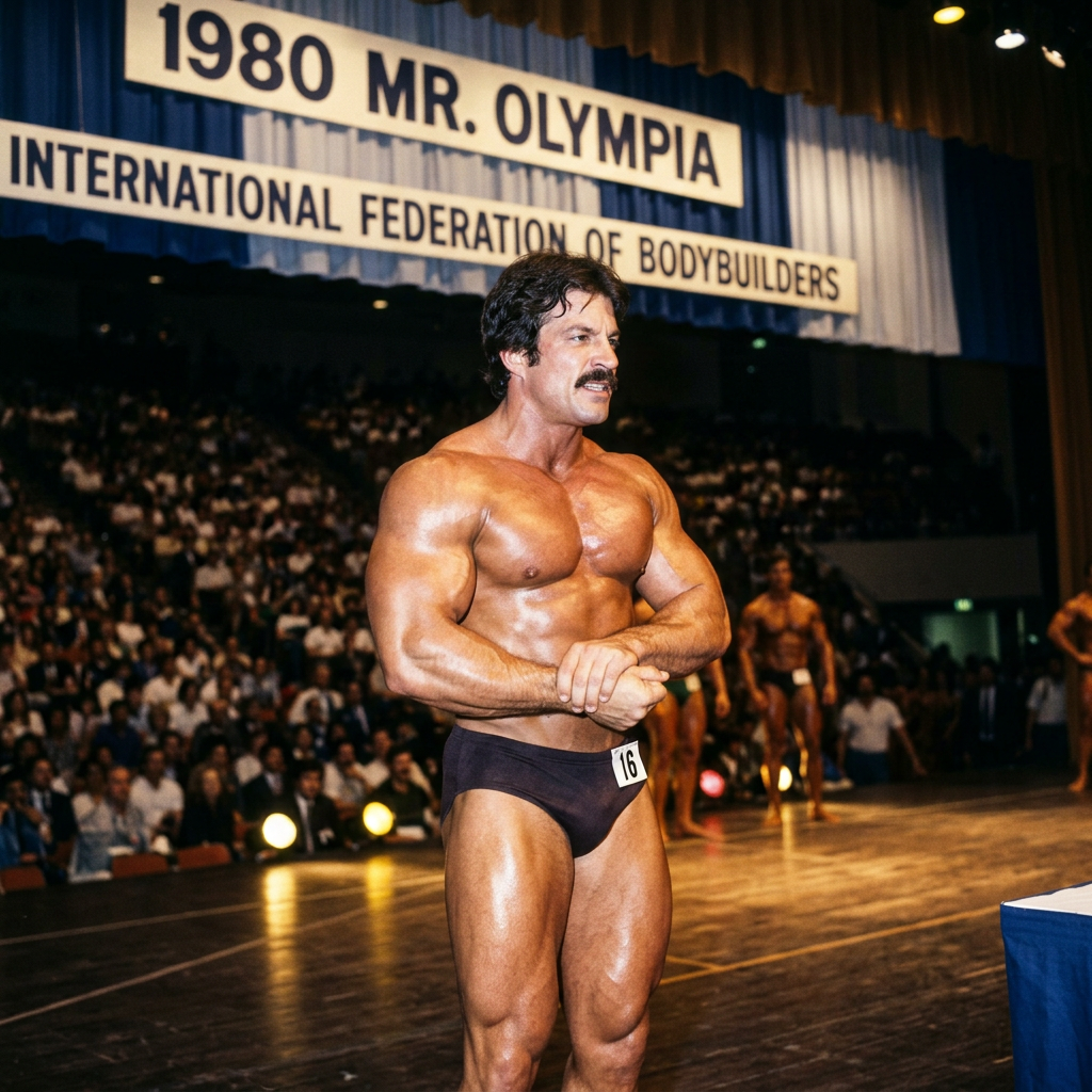 Bodybuilder wearing number 16 posing onstage at the 1980 Mr. Olympia
