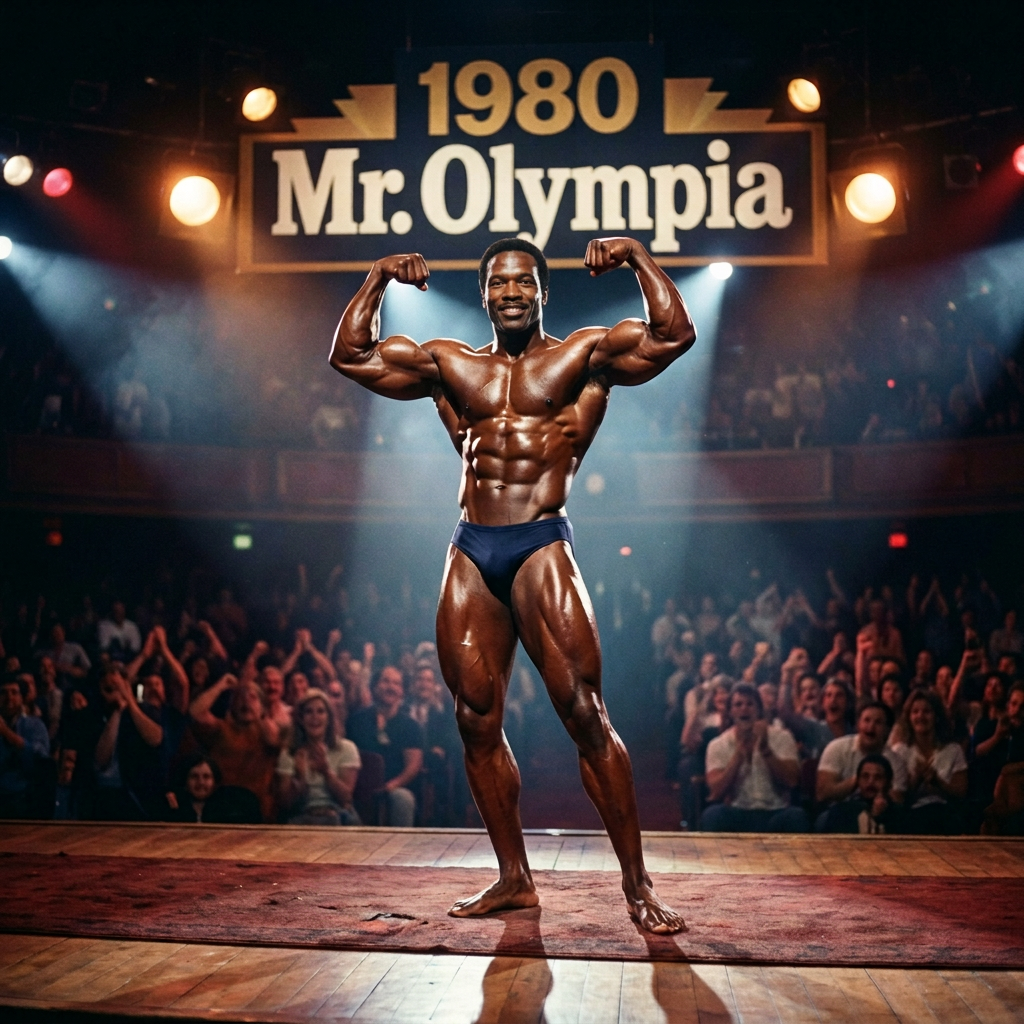 Bodybuilder posing onstage beneath a 1980 Mr. Olympia sign