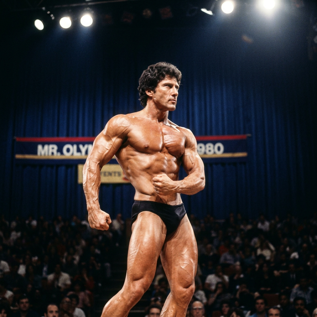 Bodybuilder posing onstage beneath a banner reading “MR. OLYMPIA 1980”