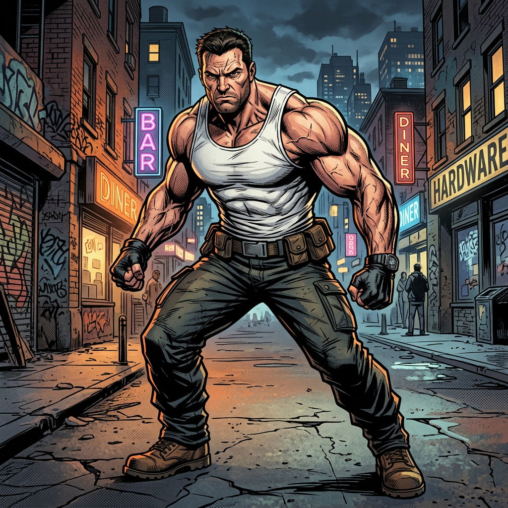 Muscular man in a white tank top standing in a graffiti-covered city street