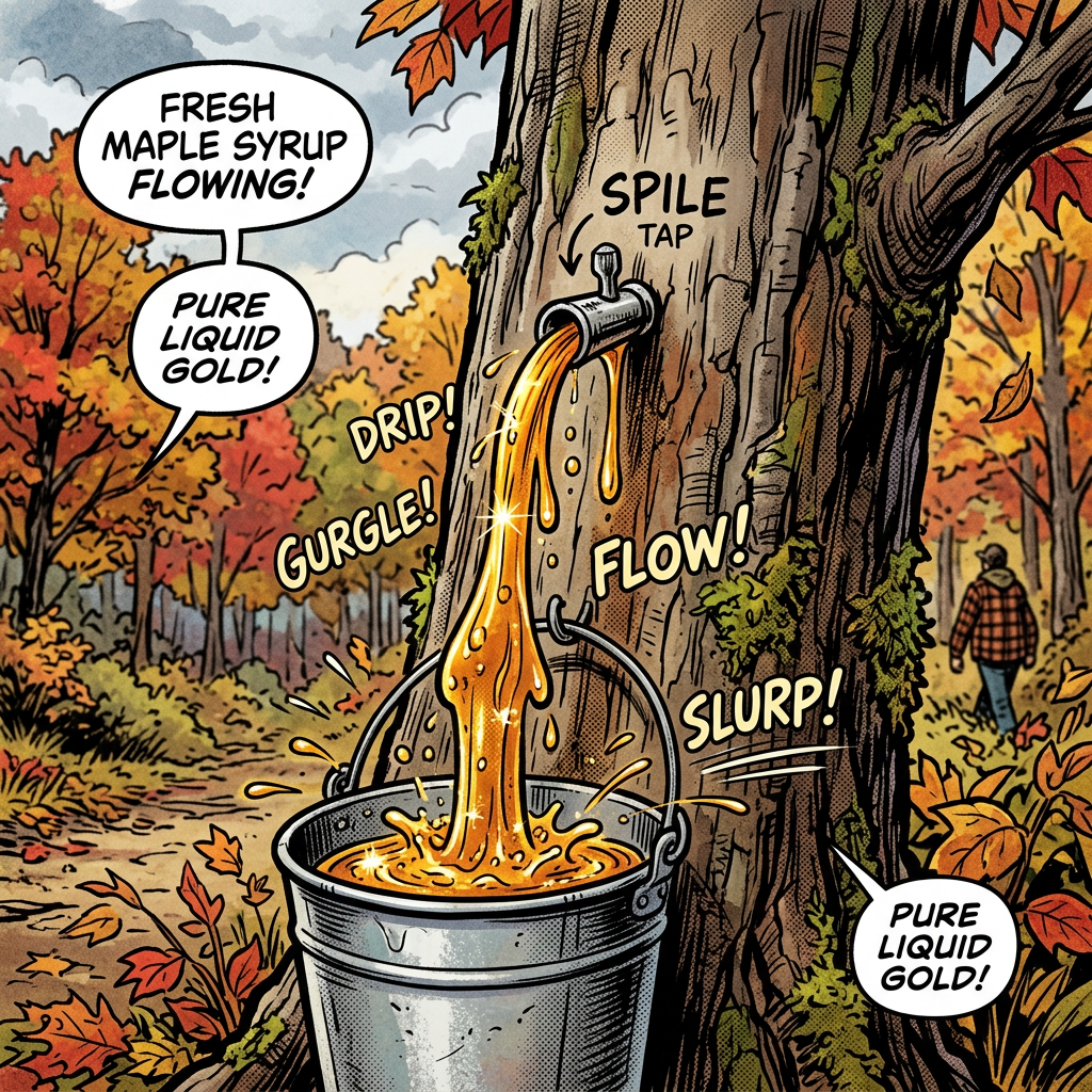 Maple syrup flowing from a tapped tree into a bucket