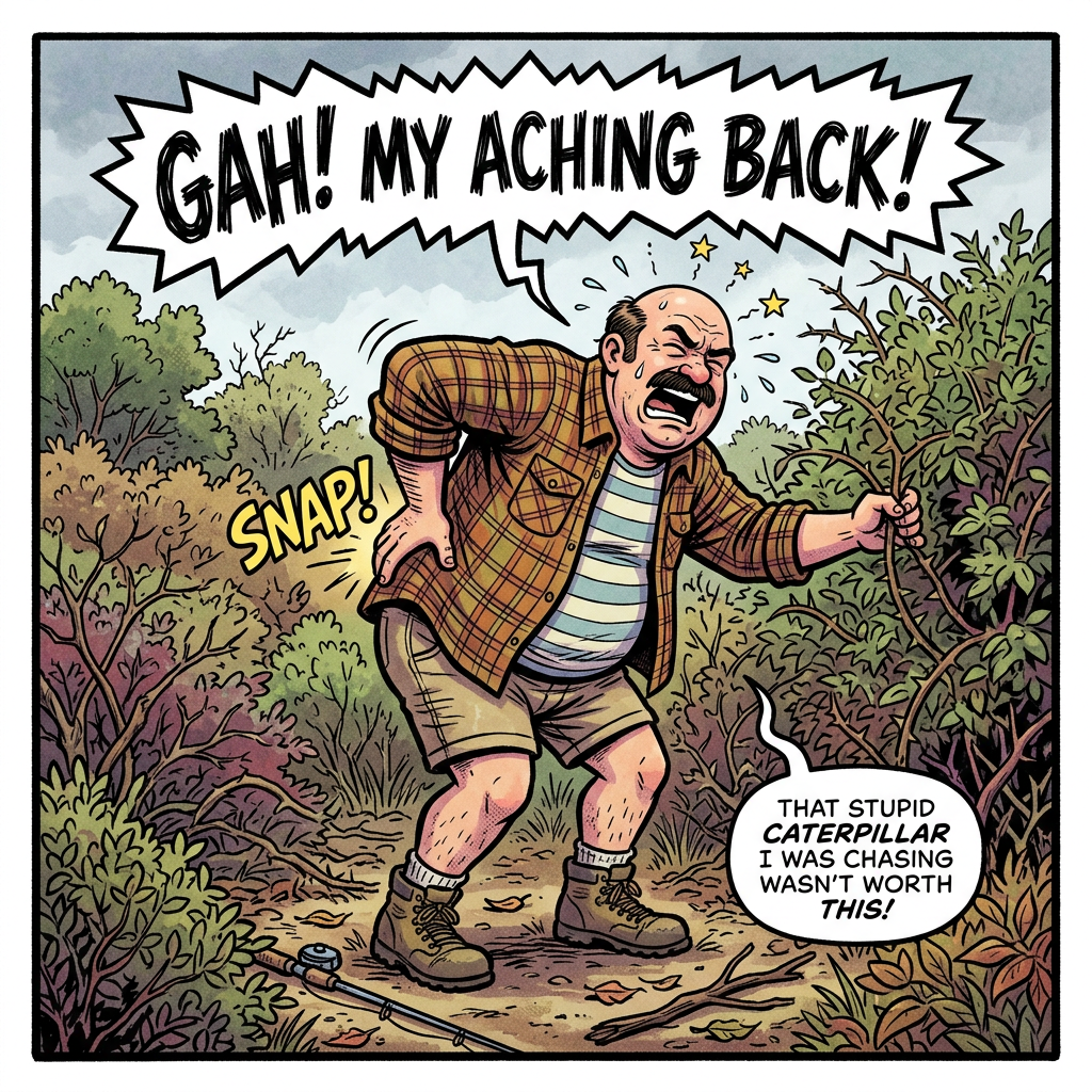 Woodsman clutching his back in a forest, shouting about a caterpillar