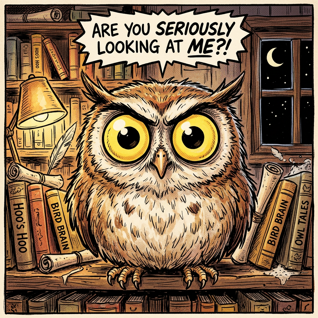 Wide-eyed owl beside books labeled HOOS HOO, BIRD BRAIN, and OWL TALES; text reads ARE YOU SERIOUSLY LOOKING AT ME?!
