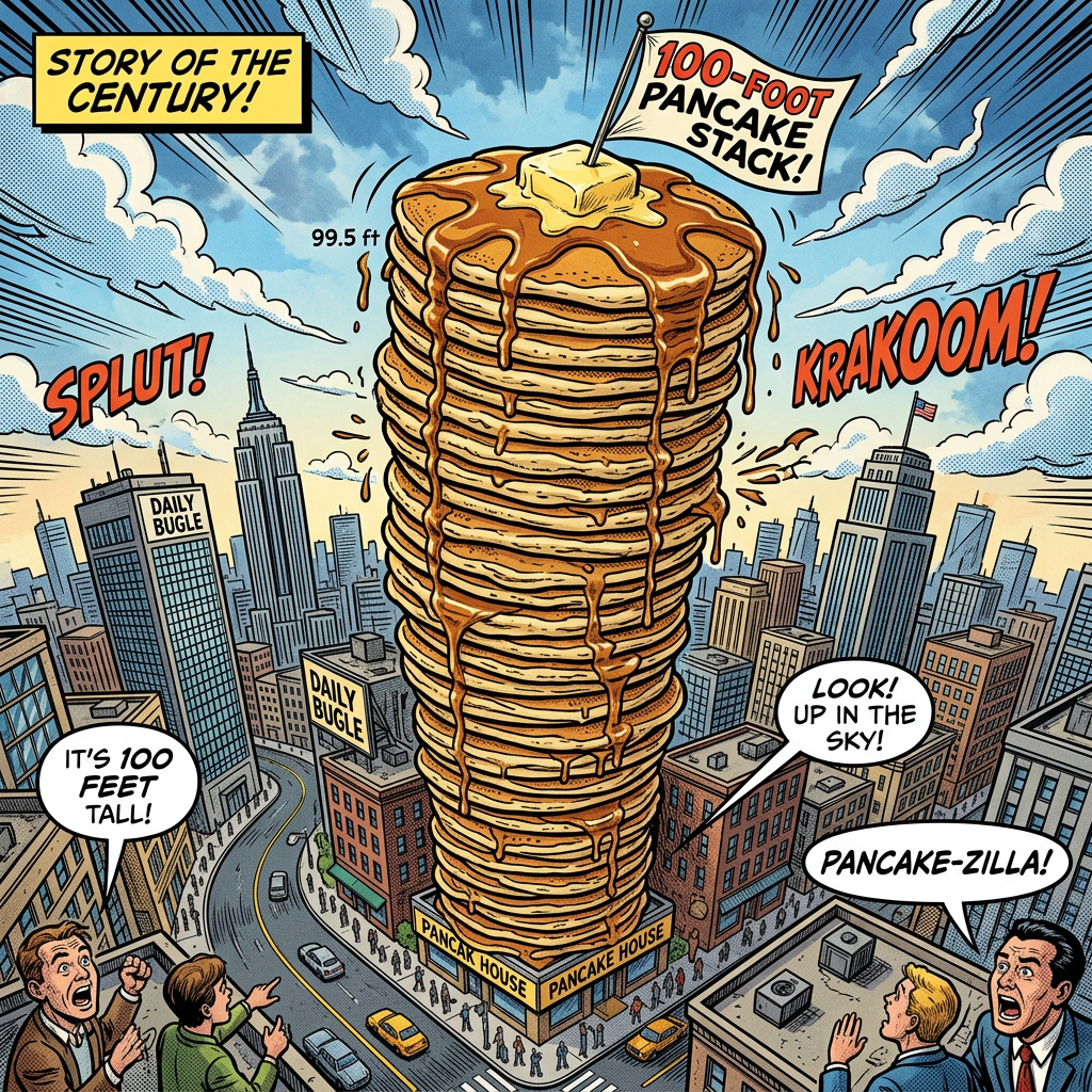 Giant pancake stack labeled 99.5 ft above city; text reads Story of the Century, 100-Foot Pancake Stack!, Splut!, Krakoom!, It’s 100 Feet Tall!, Look! Up in the Sky!, Pancake-zilla!, and Daily Bugle.