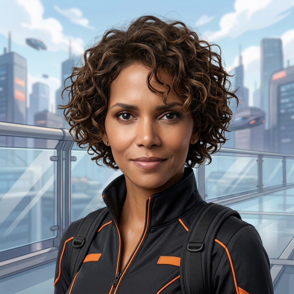 Woman in futuristic uniform holding a glowing tablet on a city skybridge