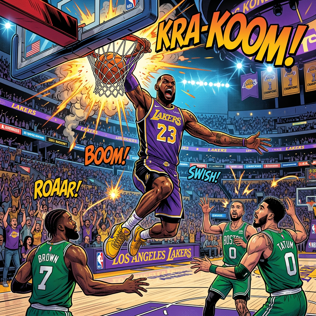 Lakers player wearing number 23 dunks over Celtics players Brown and Tatum; comic text reads KRA KOOM, BOOM, SWISH, and ROHAR.
