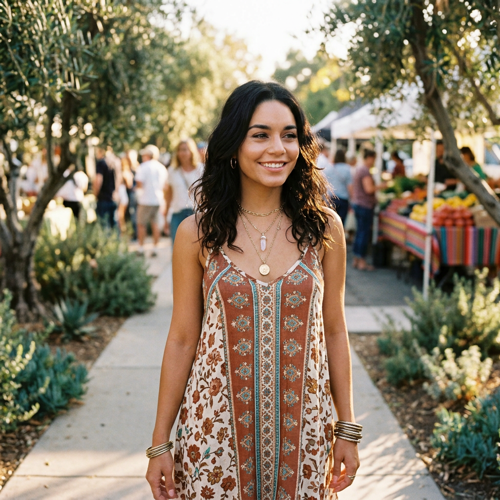 Smiling woman walking through a sunny outdoor market