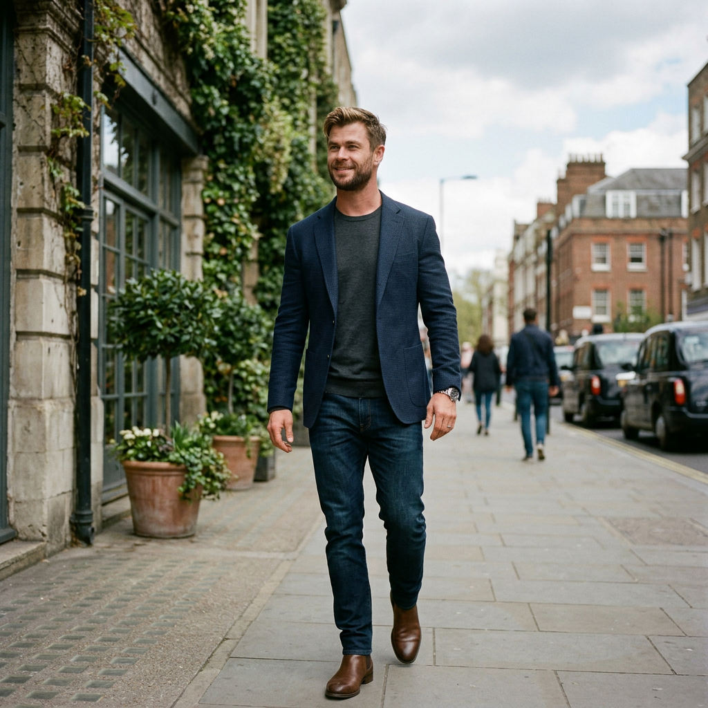 Man in blazer walking along an ivy-lined city sidewalk