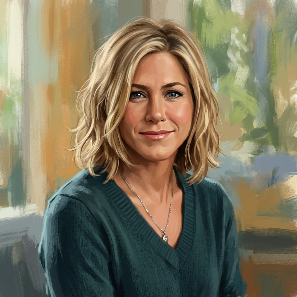 Painted portrait of a smiling blonde woman wearing a dark teal sweater